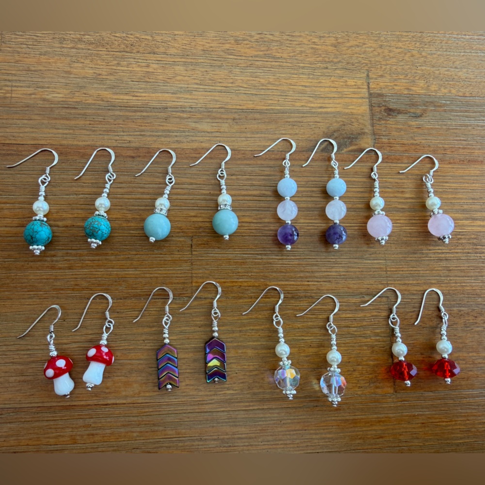 Amethyst, Rose Quartz & Aquamarine Handmade Earrings 925 Sterling Silver Hooks - Picture 6 of 6